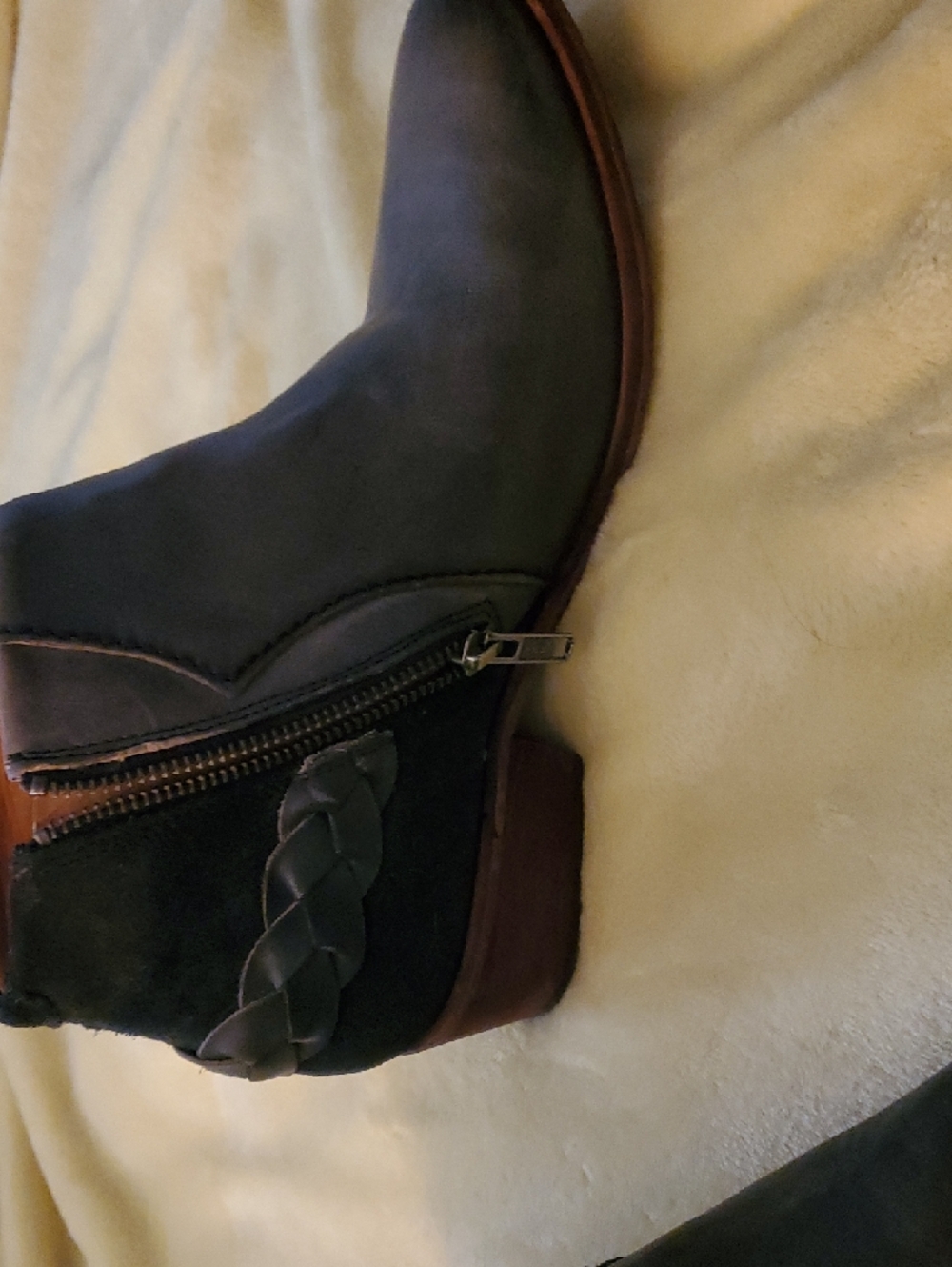 Women's Dark Gray &Black Leather & Suede Ankle Booties with Braid Accent - Picture 4 of 6